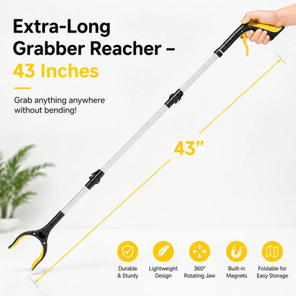 43'' Extra Long Grabber Reacher Tool – Heavy Duty with 360° Rotating Jaw & Magnets