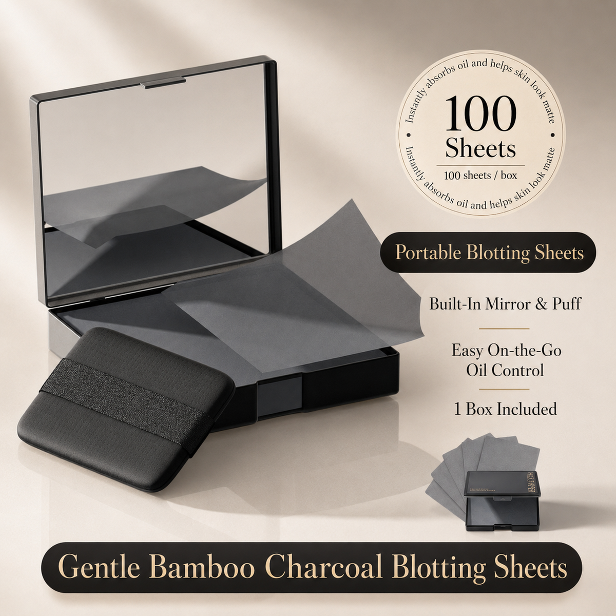 2-in-1 Oil Blotting Sheets with Mirror Puff Compact