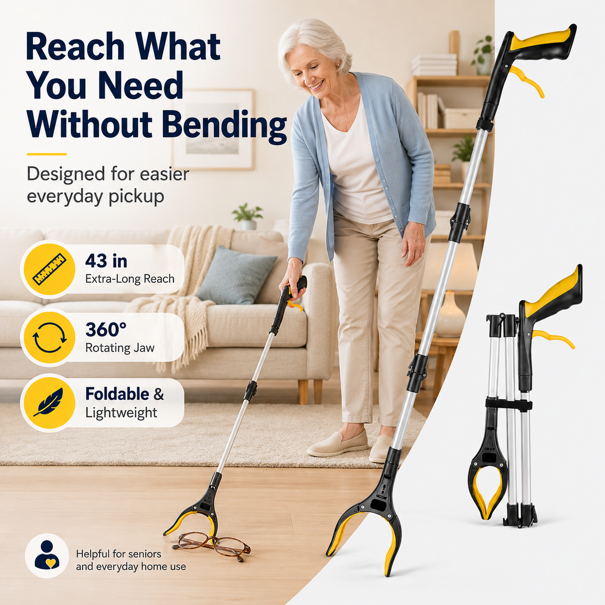 43'' Extra Long Grabber Reacher Tool – Heavy Duty with 360° Rotating Jaw & Magnets