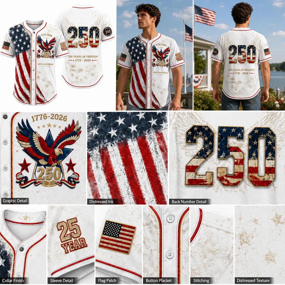 USA 250th Anniversary Baseball Jersey – Patriotic Eagle Button Shirt Plus Size Friendly