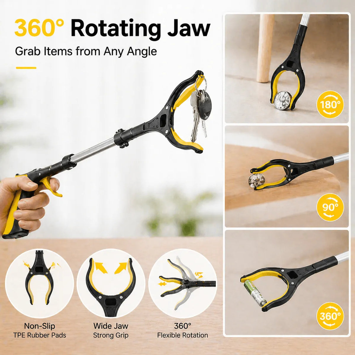 43'' Extra Long Grabber Reacher Tool – Heavy Duty with 360° Rotating Jaw & Magnets