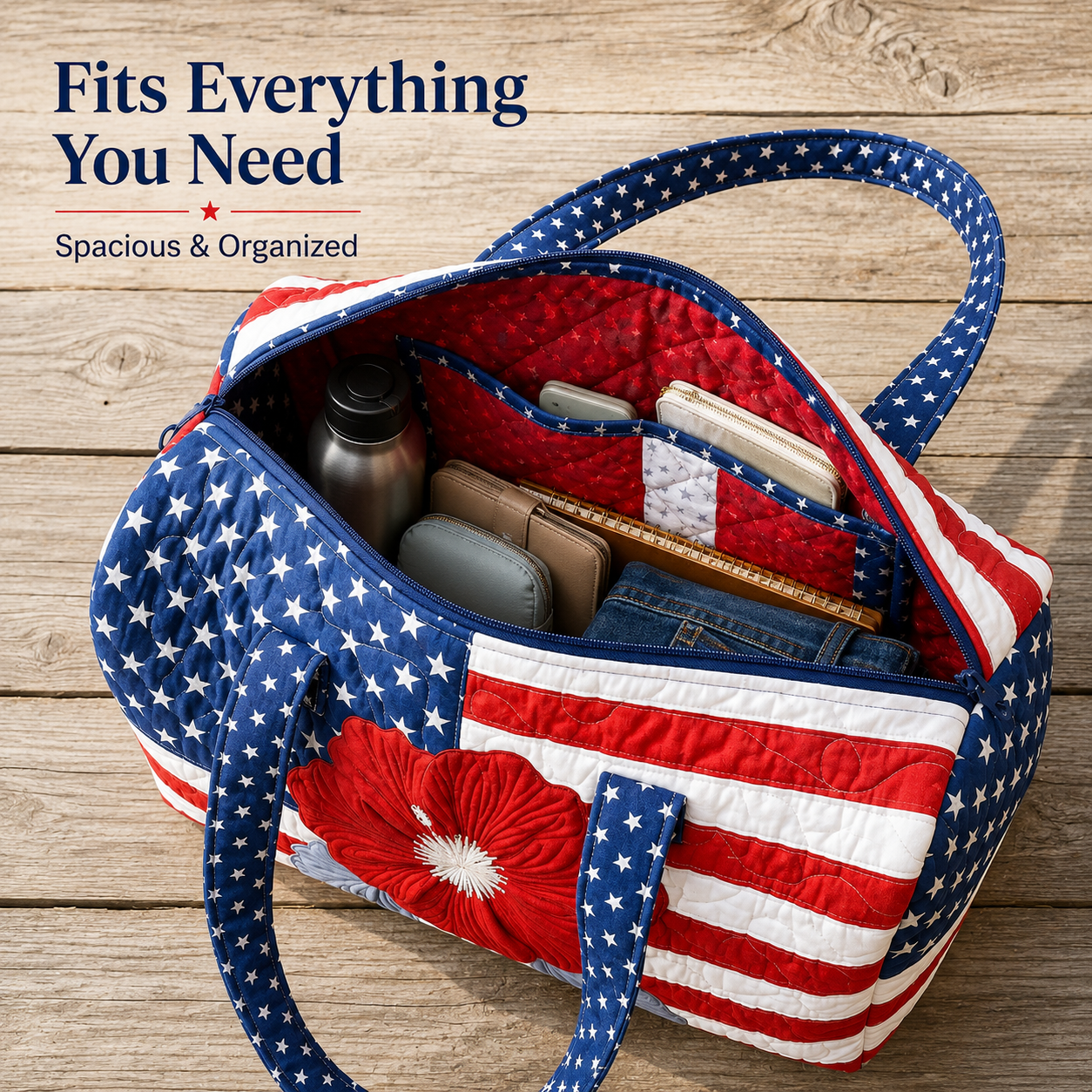 Patriotic Floral Flag Tote Bag | Quilted Travel Duffel