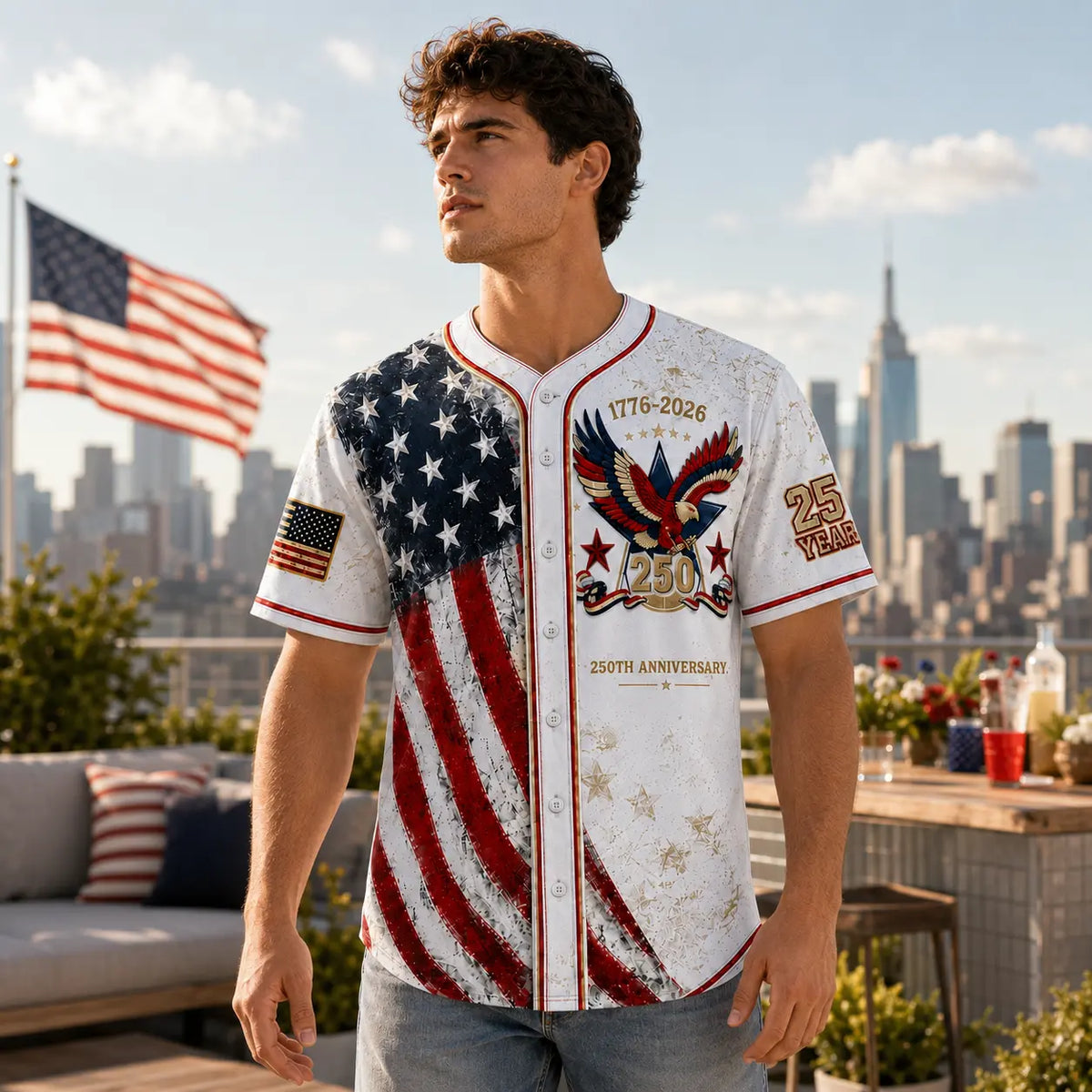 USA 250th Anniversary Baseball Jersey – Patriotic Eagle Button Shirt Plus Size Friendly