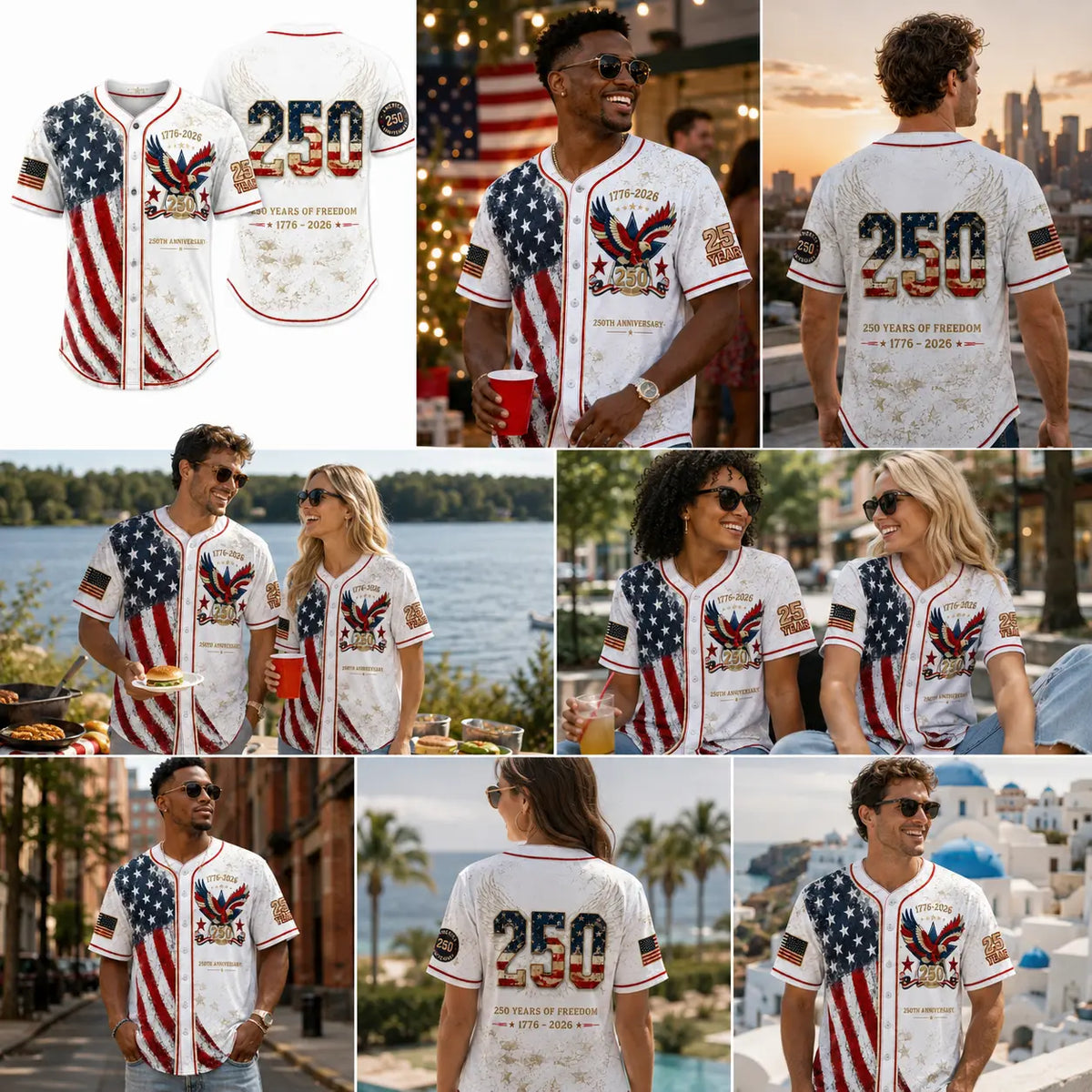 USA 250th Anniversary Baseball Jersey – Patriotic Eagle Button Shirt Plus Size Friendly