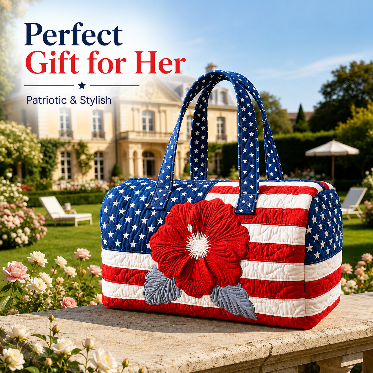 Patriotic Floral Flag Tote Bag | Quilted Travel Duffel