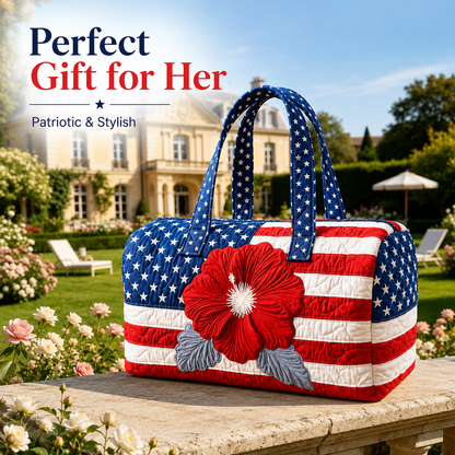 Patriotic Floral Flag Tote Bag | Quilted Travel Duffel