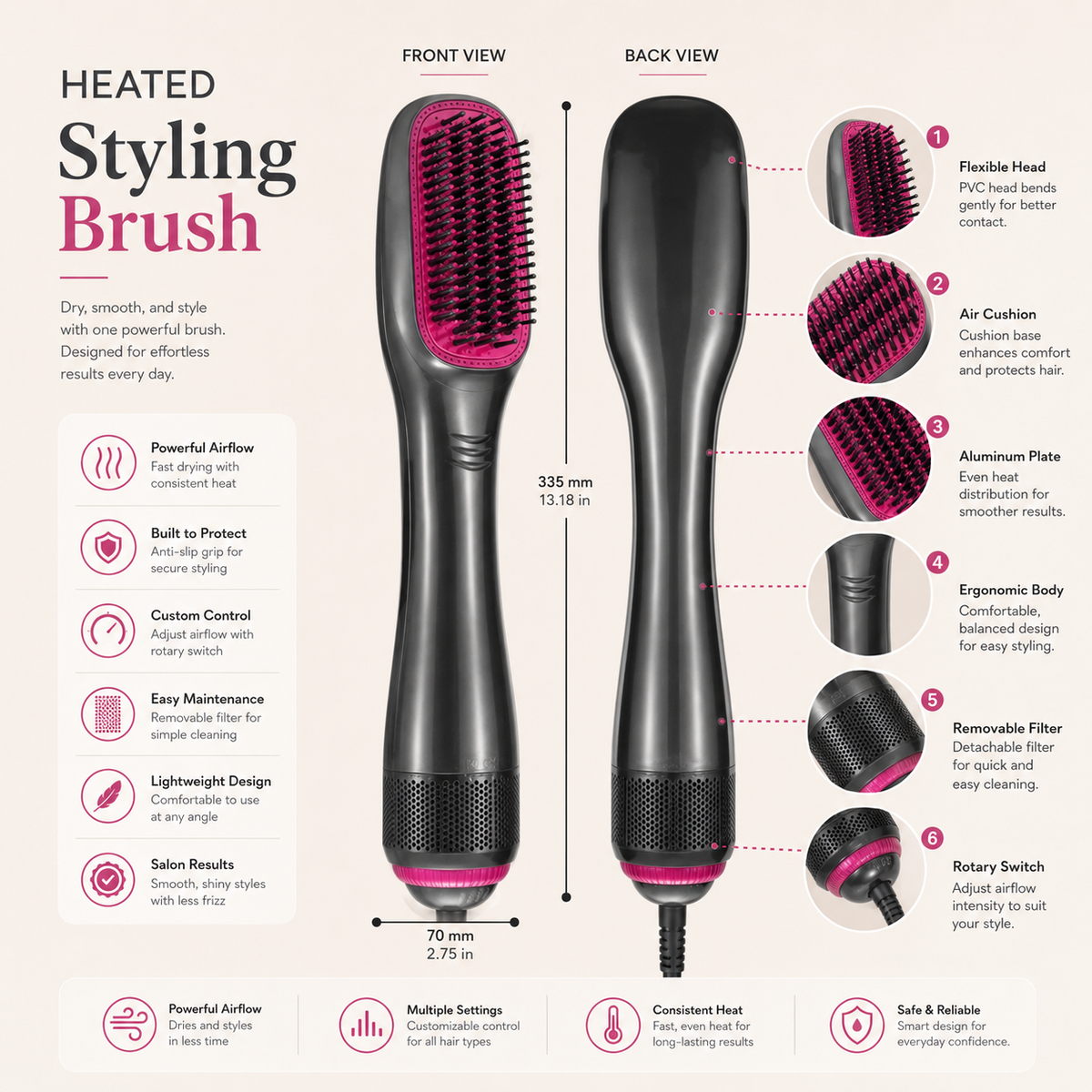 One-Step Hair Dryer and Styling Brush for Smooth Straight Hair