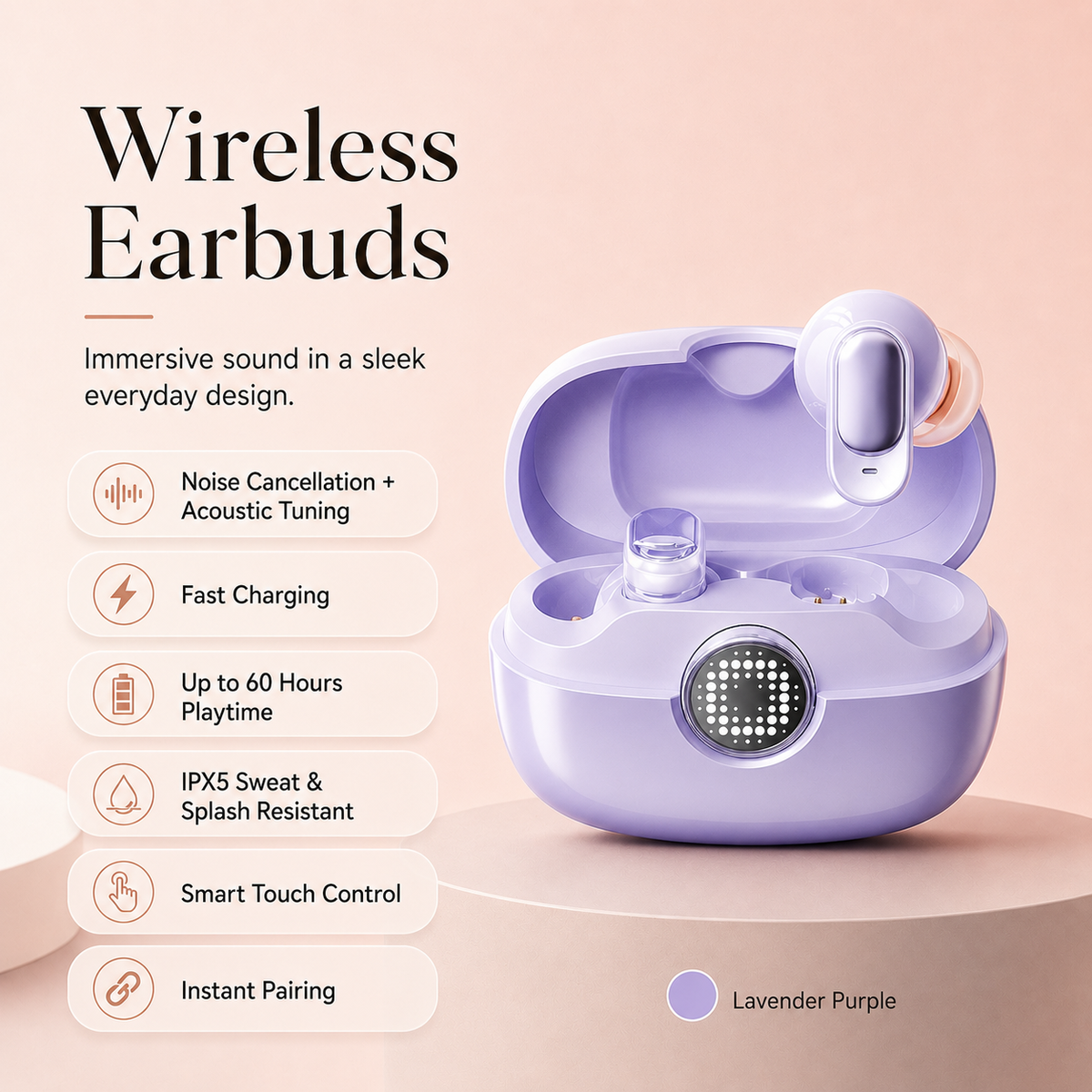 Wireless Waterproof Earbuds with Noise Reduction & 60H Playtime