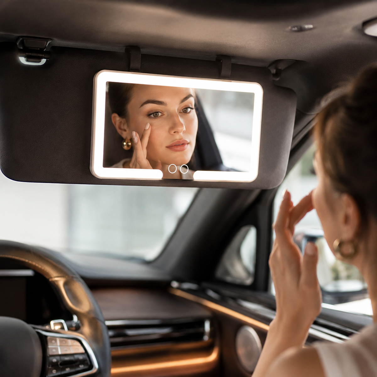 Rechargeable LED Car Sun Visor Makeup Mirror with Dimmable Touchscreen