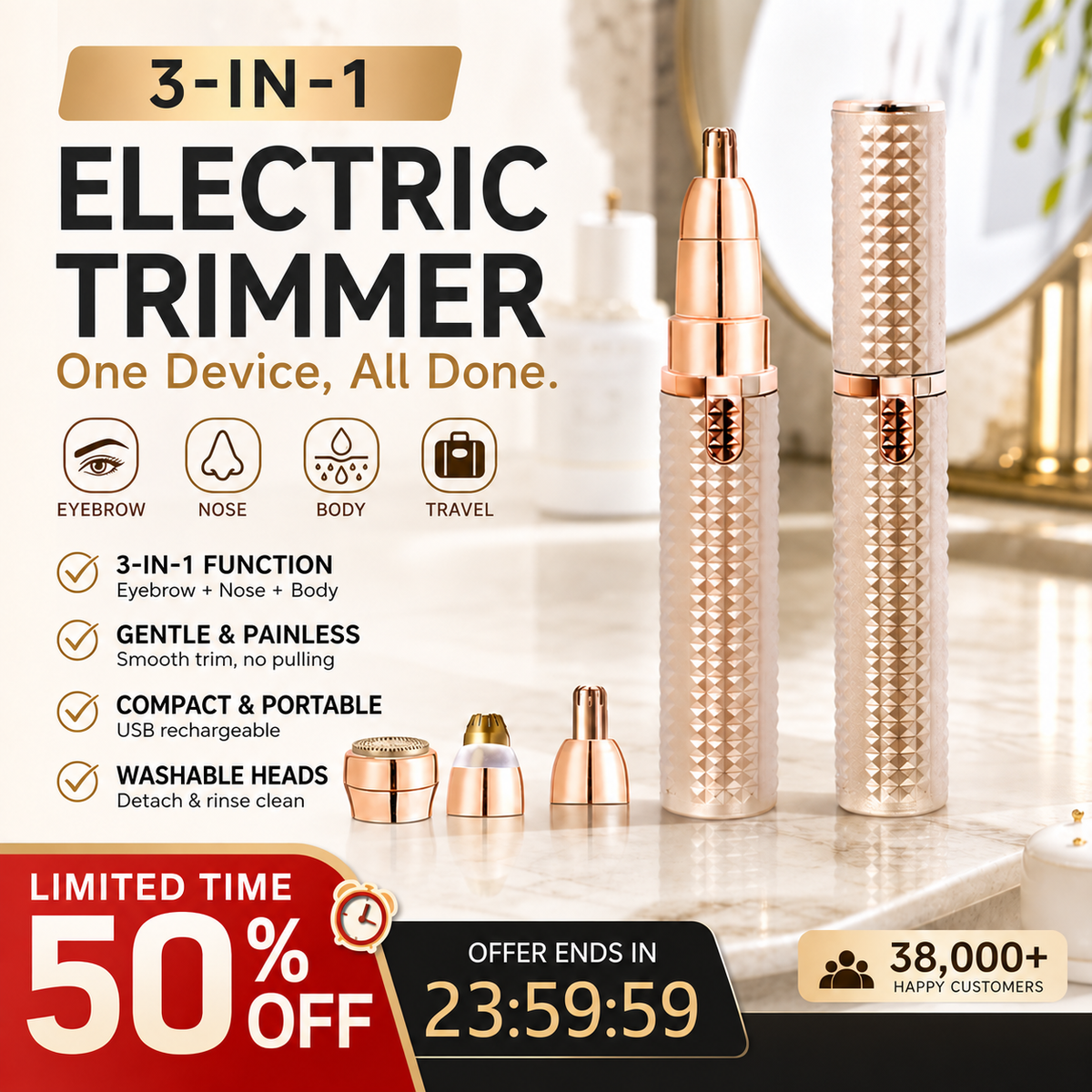 ✂️ 2026 Sale — Over 38,000 Sold!🔥 Portable Electric Eyebrow Trimmer – Interchangeable Heads 🪒