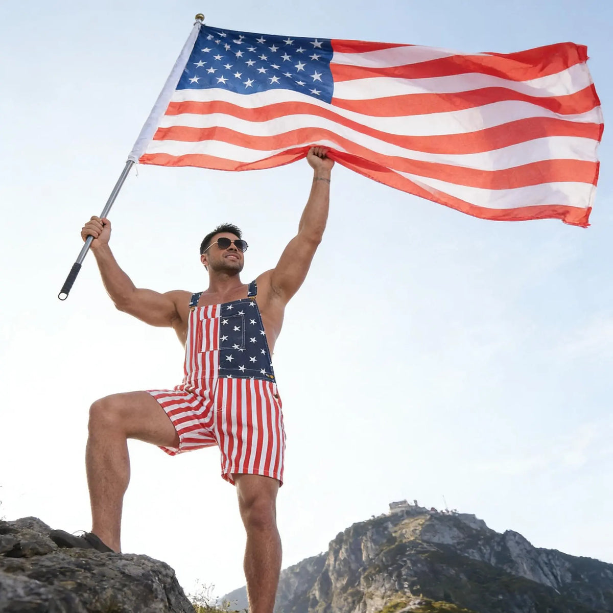 Flag Denim Overalls 4th of July Patriotic Stretch Romper for Men and Women