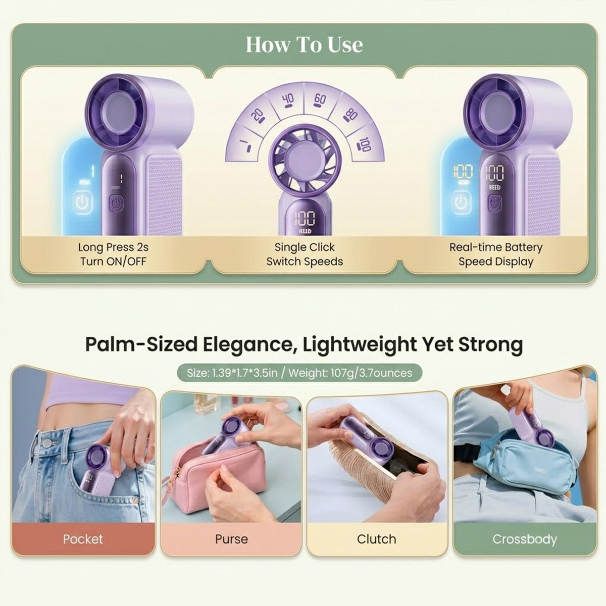 Portable Mini Handheld Fan with LED Display and USB Rechargeable Cooling