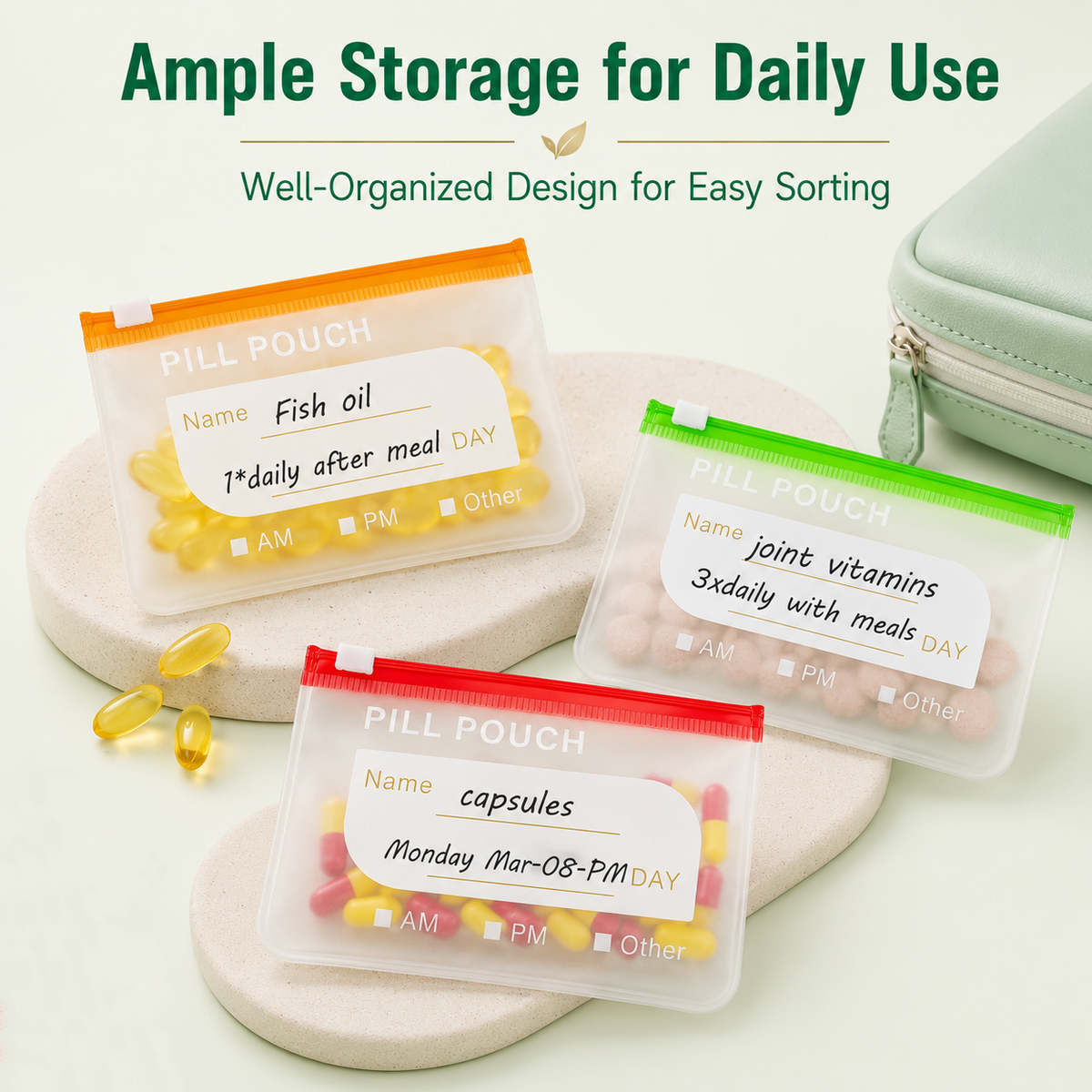 Waterproof Weekly Pill Pouch Organizer Set with 14 Color Coded Medicine Bags