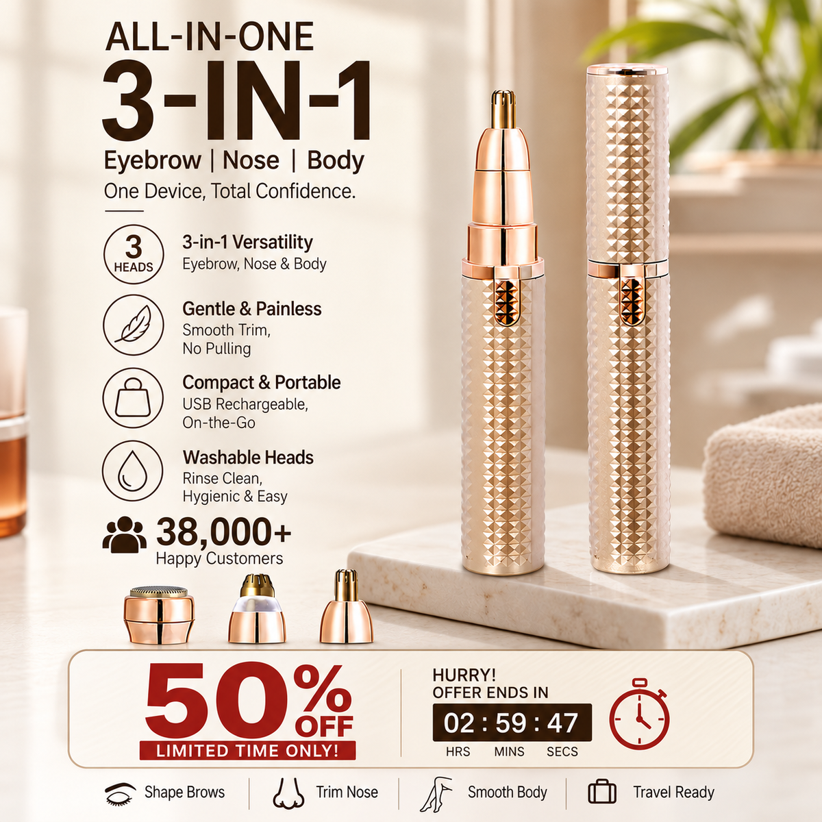✂️ 2026 Sale — Over 38,000 Sold!🔥 Portable Electric Eyebrow Trimmer – Interchangeable Heads 🪒