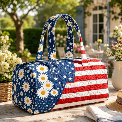 Patriotic Floral Flag Tote Bag | Quilted Travel Duffel