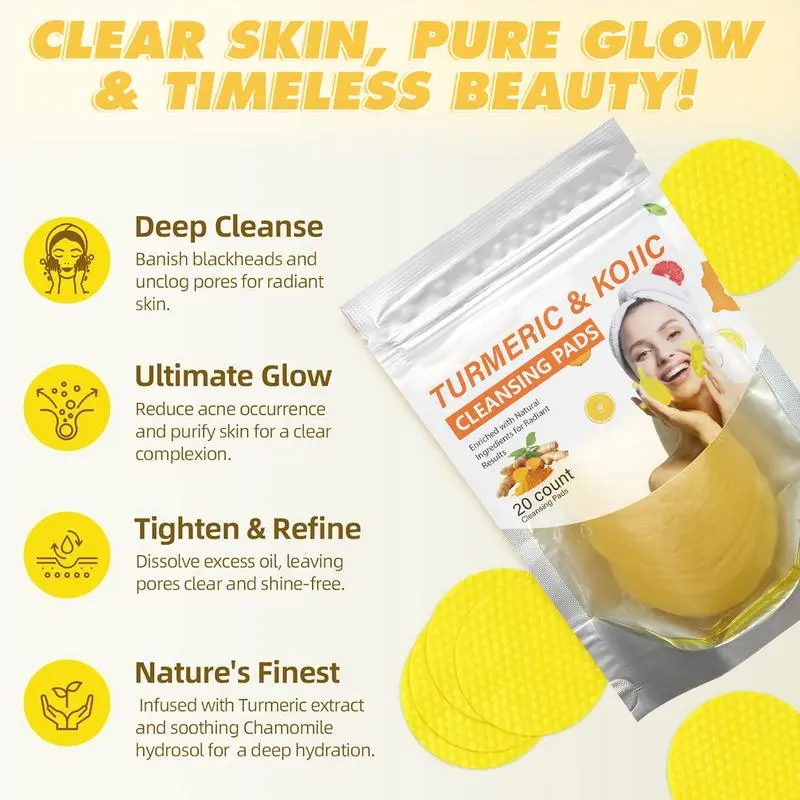 Turmeric and Kojic Acid Facial Cleansing Pads for Deep Cleansing 20 Count