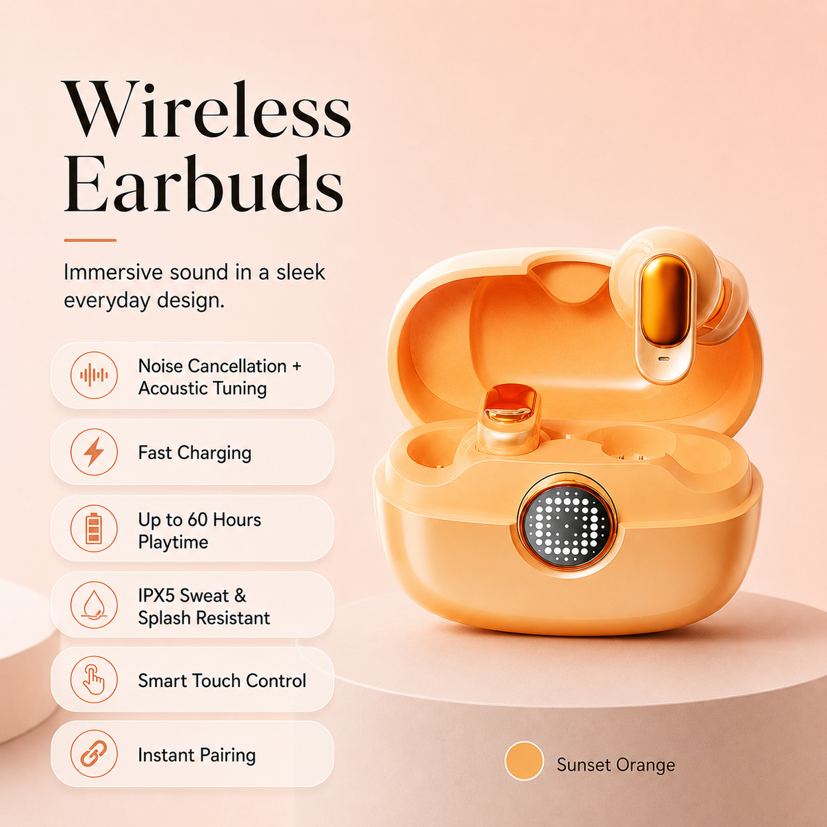 Wireless Waterproof Earbuds with Noise Reduction & 60H Playtime