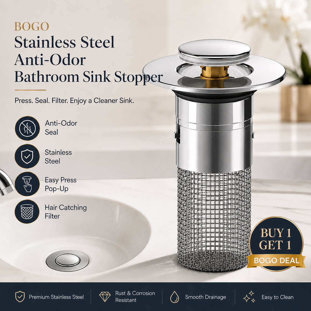 BOGO Stainless Steel Anti-Odor Bathroom Sink Stopper