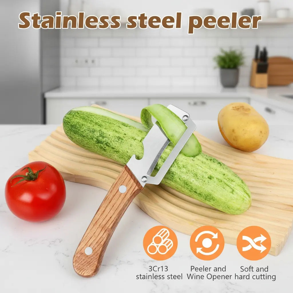 Wooden Handle Stainless Steel Peeler with Bottle Opener Durable Kitchen Tool