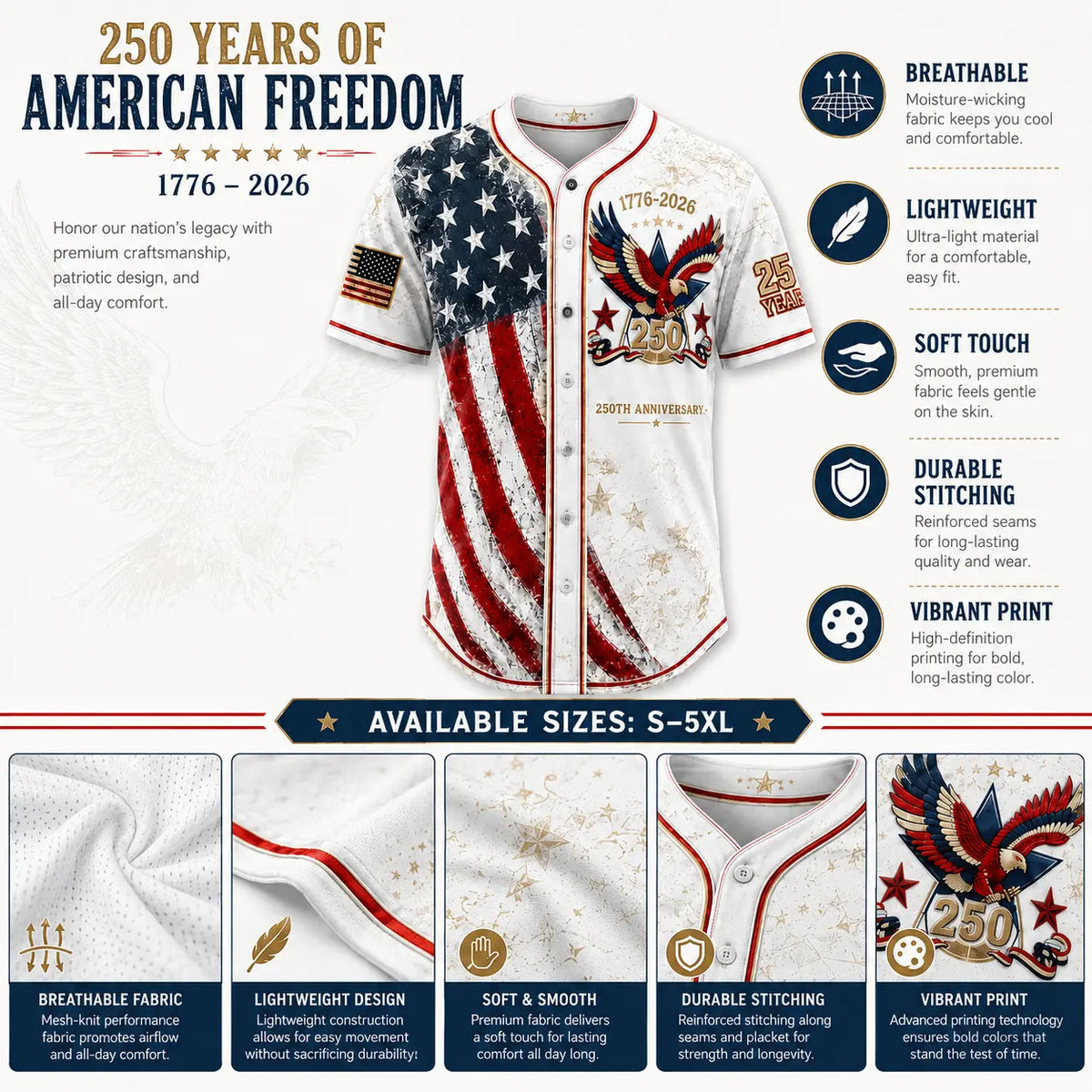 USA 250th Anniversary Baseball Jersey – Patriotic Eagle Button Shirt Plus Size Friendly