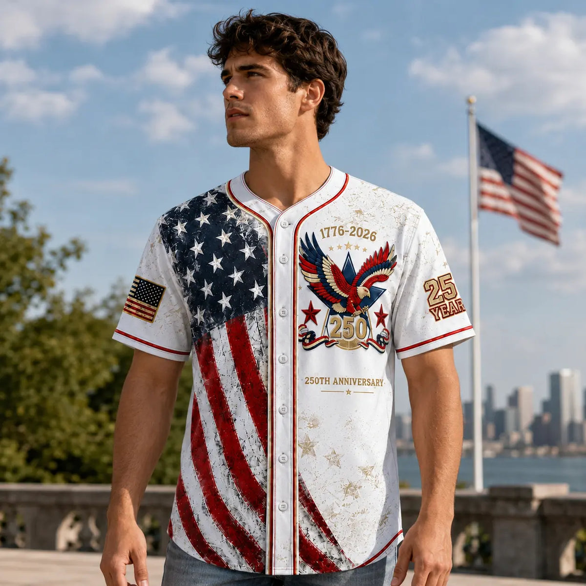 USA 250th Anniversary Baseball Jersey – Patriotic Eagle Button Shirt Plus Size Friendly