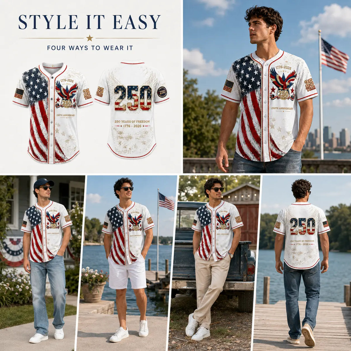 USA 250th Anniversary Baseball Jersey – Patriotic Eagle Button Shirt Plus Size Friendly