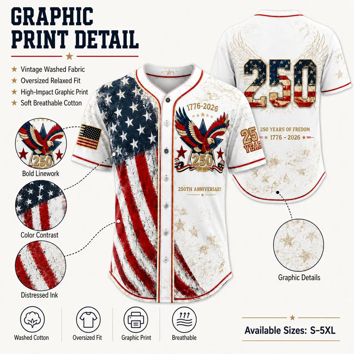 USA 250th Anniversary Baseball Jersey – Patriotic Eagle Button Shirt Plus Size Friendly