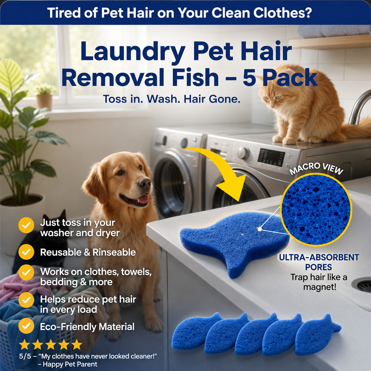 Laundry Pet Hair Removal Fish - 5 Pack
